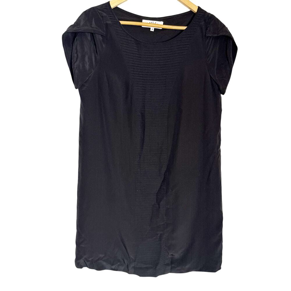 Tibi 100% Silk Solid Black Tulip Short Sleeve Round Neck Shift Mini Dress Size 4